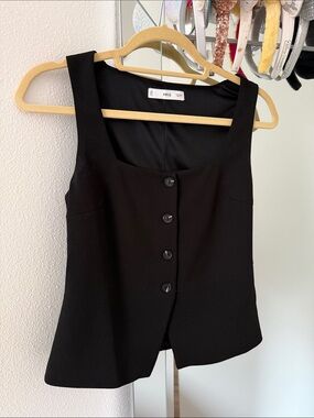 Mango Button-Front Square Neck Black Vest